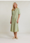 Olive green cotton-linen long buttoned dress