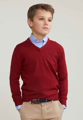 Normal fit basic cotton V-neck sweater red maple