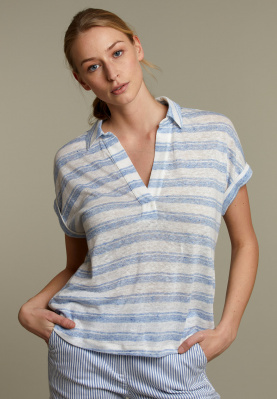 Blue linen polo collar t-shirt