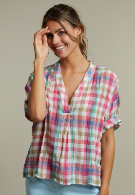 Multicolor geruite blouse met V-hals