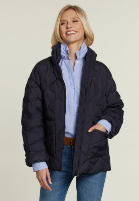 Blue quilted down jacket applied pockets