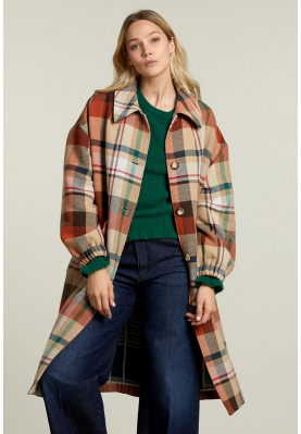 Multi long checked coat applied pockets