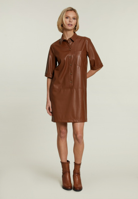 Brown leather look dress applied pocket