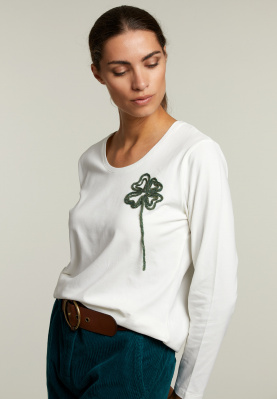 Ecru crew neck T-shirt green flower