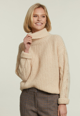 Beige roll neck cable sweater