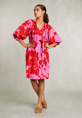 Pink/red belted V-neck dress 3/4 sleeves
