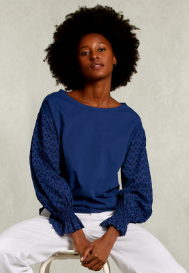 Blue T-shirt long sleeves broderie anglaise