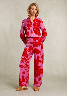 Rood/roze gebloemde broek elastische taille