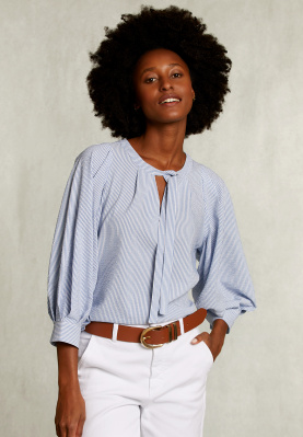 Blauw/wit gestreepte V-hals blouse met strik