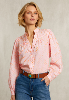 Oranje/roze gestipte V-hals blouse