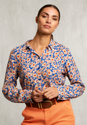 Blauw/oranje blouse in margrietprint lange mouwen
