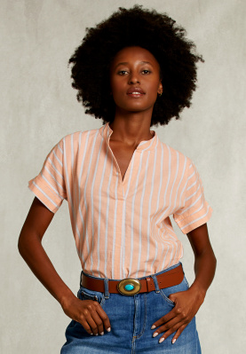 Wit/oranje gestreepte V-hals blouse