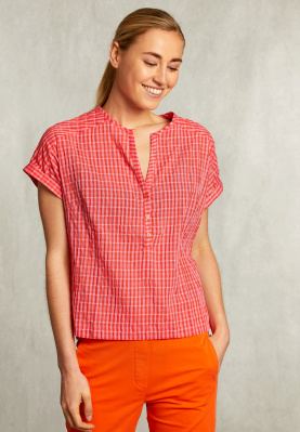 Pink/red checked V-neck blouse