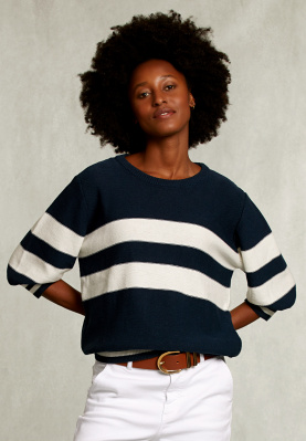 White/navy striped sweater round neck
