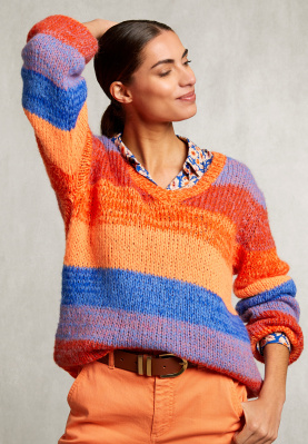 Blue/orange striped V-neck sweater