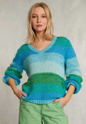Blue/green striped V-neck sweater
