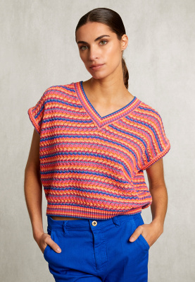 Orange/blue striped sleeveless V-neck sweater