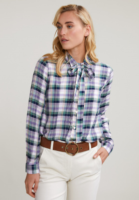 Green/purple checked blouse fancy collar