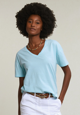 Turquoise basic V-neck T-shirt short sleeves