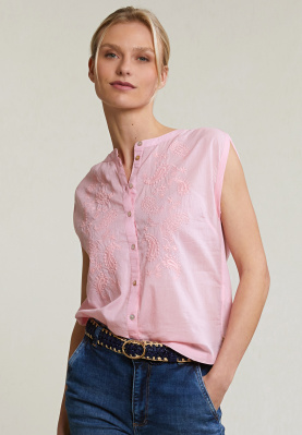 Roze mouwloze geborduurde blouse