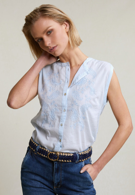 Sky blue sleeveless embroidered blouse