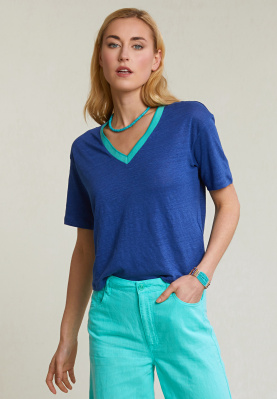 Blue linen V-neck T-shirt short sleeves