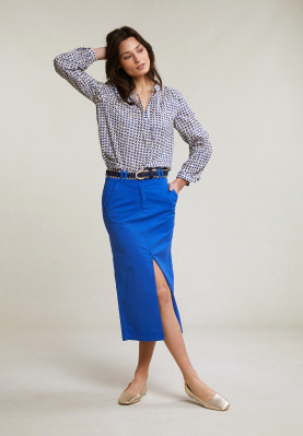 Blue midi stretch skirt with split