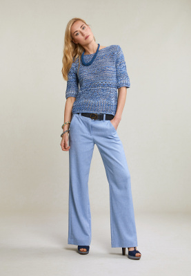 Blauw katoen-linnen rechte broek