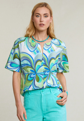 Green/blue V-neck blouse short sleeves