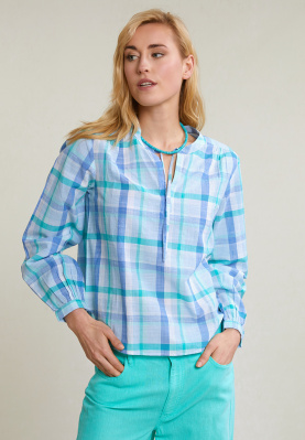 Blauw/groen geruite V-hals blouse