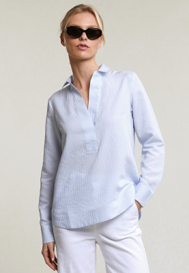 Blue/white striped V-neck blouse