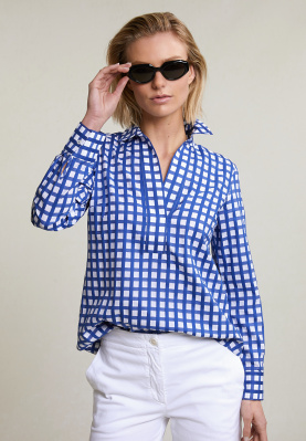 Blauw/wit geruite V-hals blouse