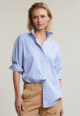 Blue/white loose buttoned striped blouse