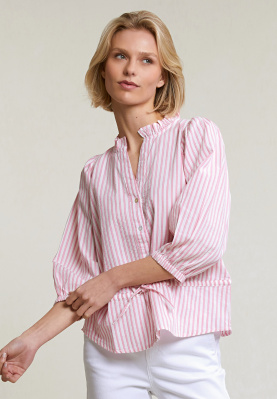Roze/wit gestreepte geknoopte blouse elleboogmouwen