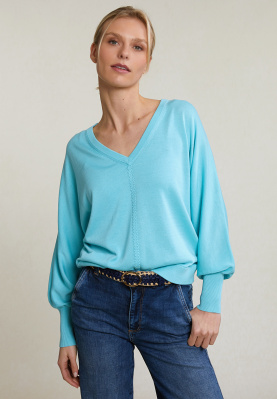 Pull V manches longues turquoise
