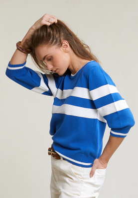 Blue/white striped crew neck sweater 3/4 sleeves