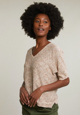 Pull coton-lin manches courtes beige