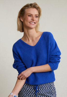 Blue alpaca-virgin wool V-neck sweater