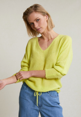 Yellow alpaca-virgin wool V-neck sweater