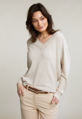 Beige cotton-linen V-neck sweater long sleeves