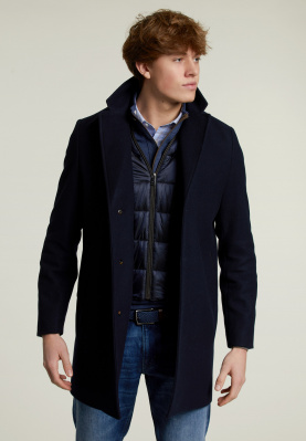 Blue long woolen coat fur collar