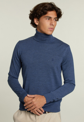 Slim fit merino roll neck sweater denim mix