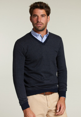 Custom fit merino V-neck sweater navy mix