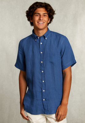 Custom fit linen shirt short sleeves blue stone