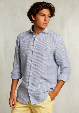 Custom fit striped linen shirt deep blue