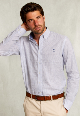 Custom fit gestreepte katoen-linnen hemd blauw/wit