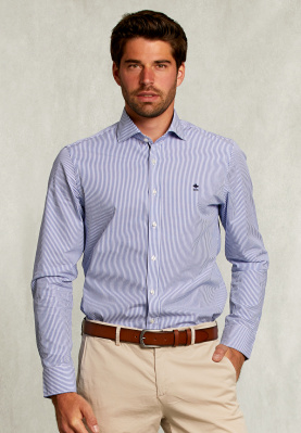 Custom fit gestreept hemd blauw/wit