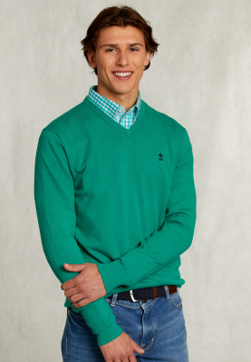 Normal fit basic cotton V-neck pullover green twist mix