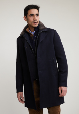 Woolen coat detachable fur collar blue