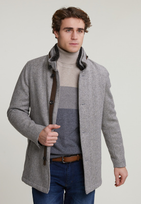 Woolen coat detachable fur collar grey